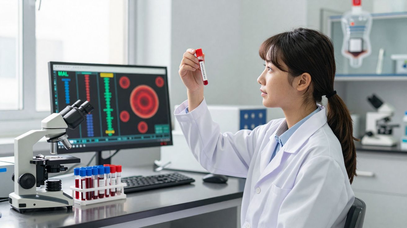 Cientista a analisar amostra de sangue no laboratório com monitor a mostrar células vermelhas ao fundo.