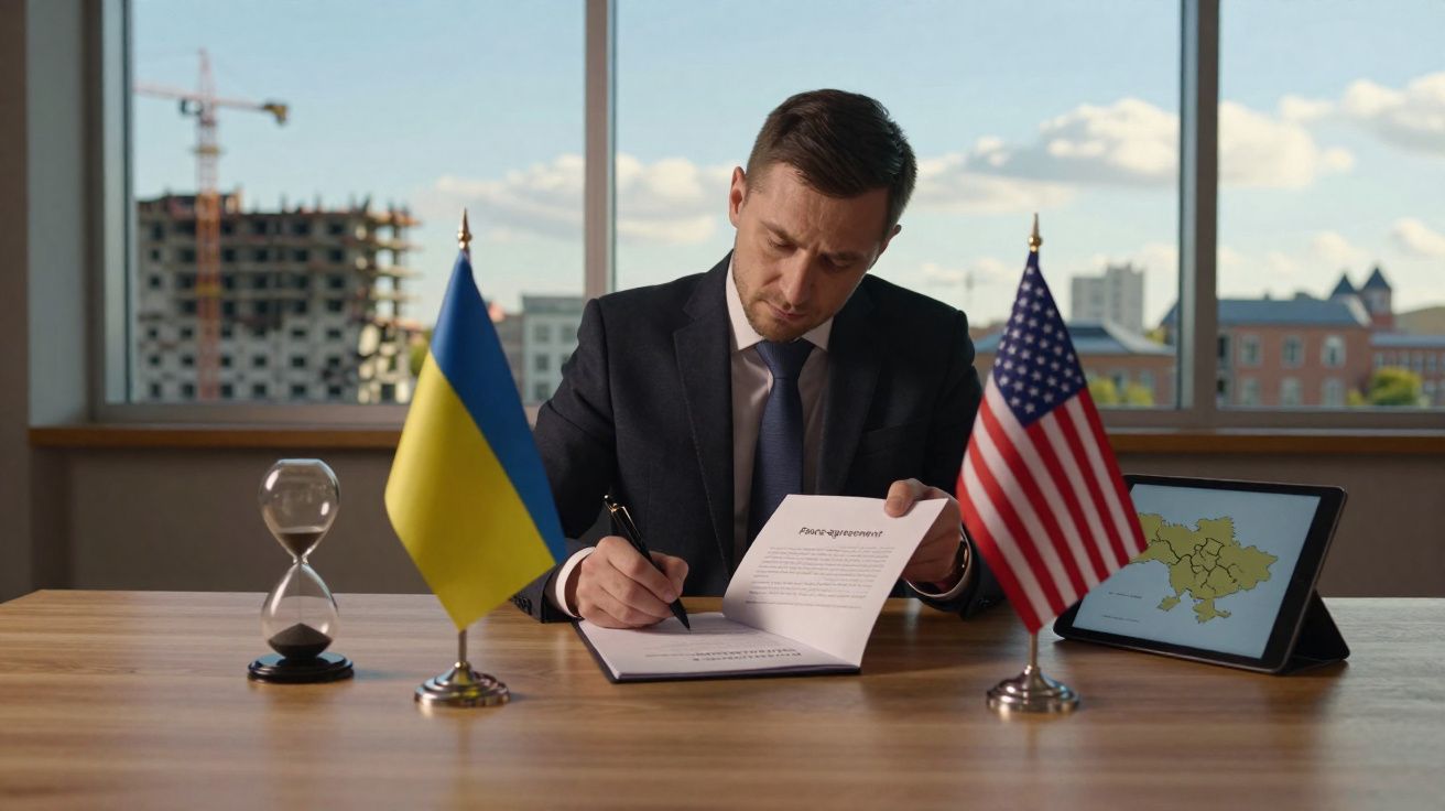 Homem vestido formalmente a assinar documento numa mesa com bandeiras da Ucrânia e Estados Unidos, ampulheta e mapa digital.