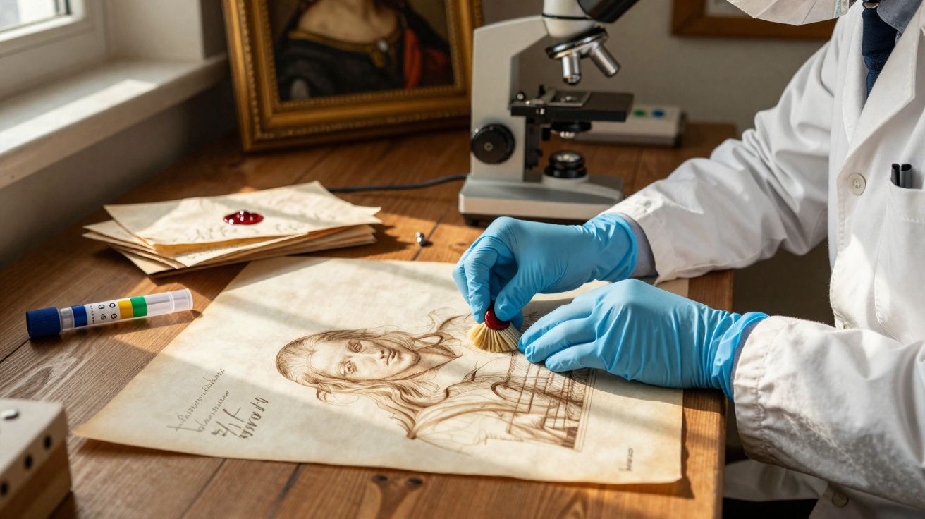 Especialista com luvas azuis utiliza escova para analisar desenho antigo numa mesa de madeira com microoscópio.