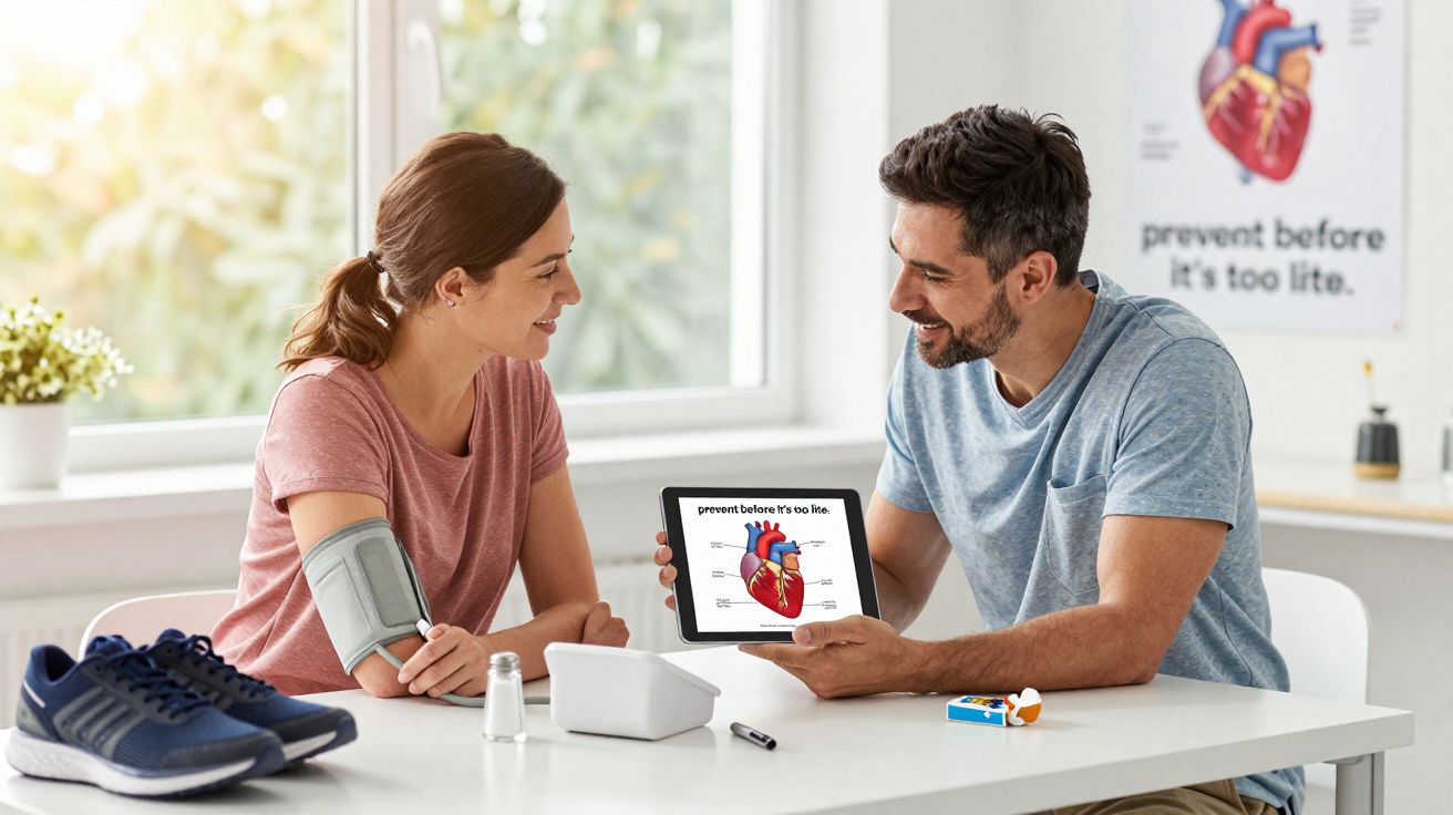 Homem a explicar ilustração de coração a mulher com tensiómetro no braço numa consulta médica.