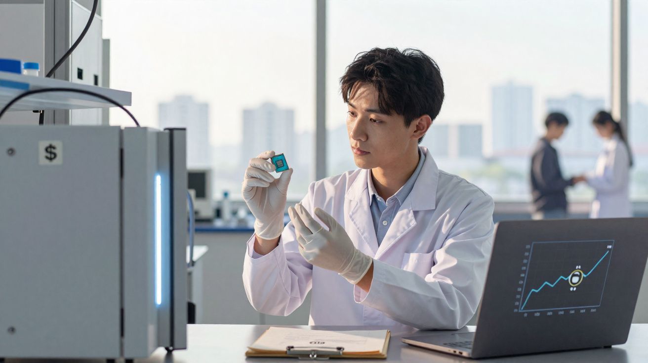 Homem em bata branca a analisar microchip num laboratório com computador aberto ao lado.