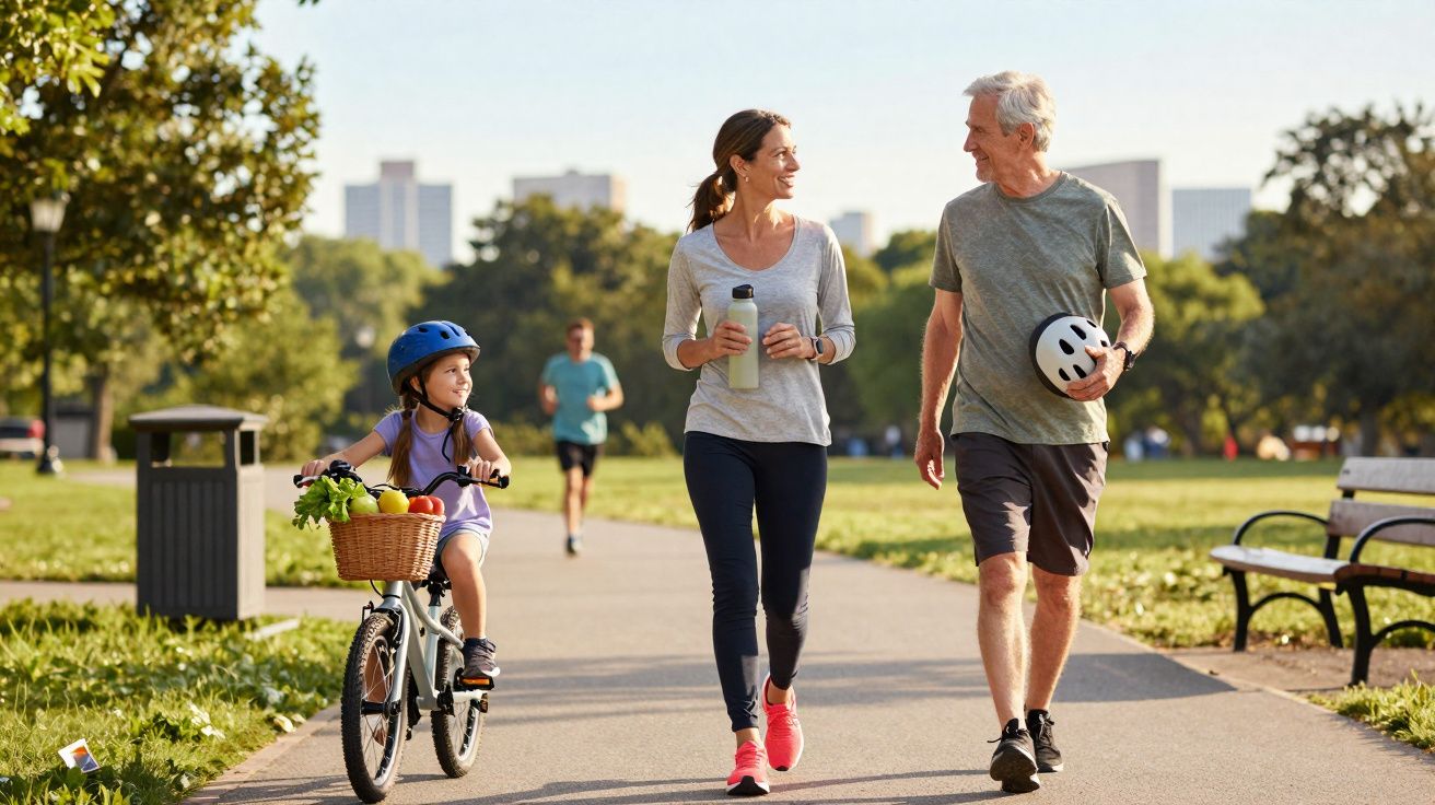 Criança de bicicleta com capacete e cesta de legumes, acompanhada por dois adultos a caminhar num parque.