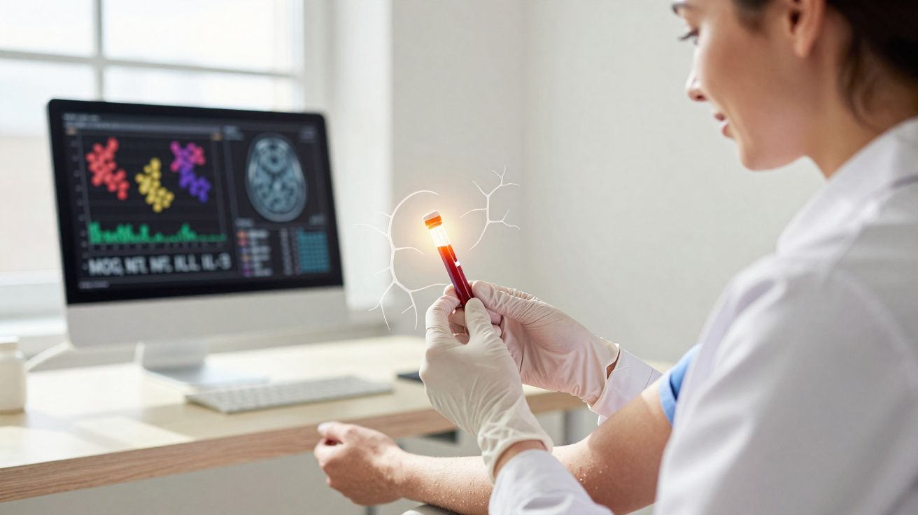 Profissional de saúde com luvas a analisar amostra de sangue num tubo, com gráficos no computador ao fundo.