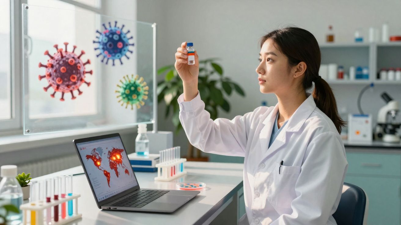 Cientista mulher em laboratório examina frasco de vacina perto de computador com mapa da pandemia.