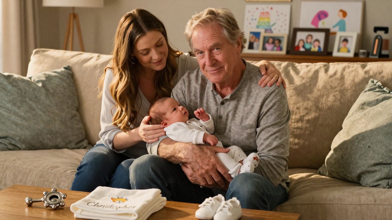 Homem idoso e mulher sentados no sofá a segurar um bebé recém-nascido com objetos de bebé numa mesa à frente.