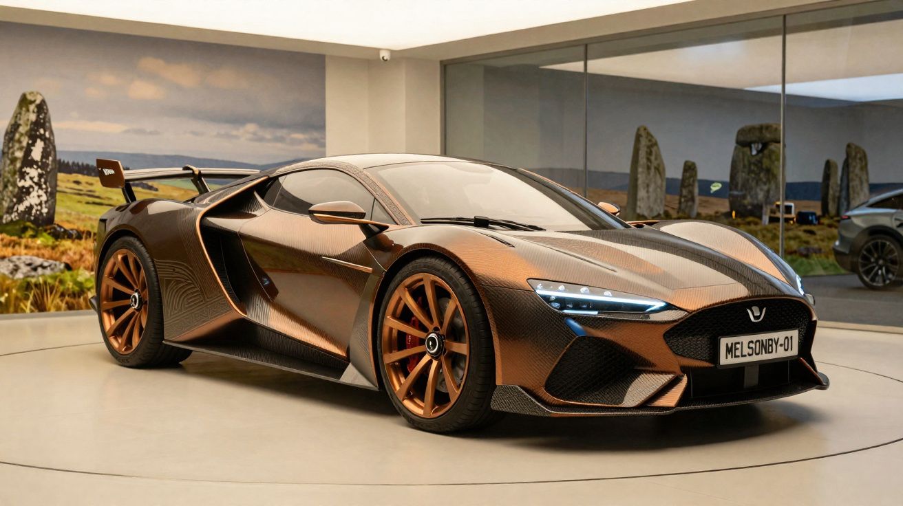 Carro desportivo castanho metálico com jantes laranja em exposição num espaço moderno com moldura de vidro.