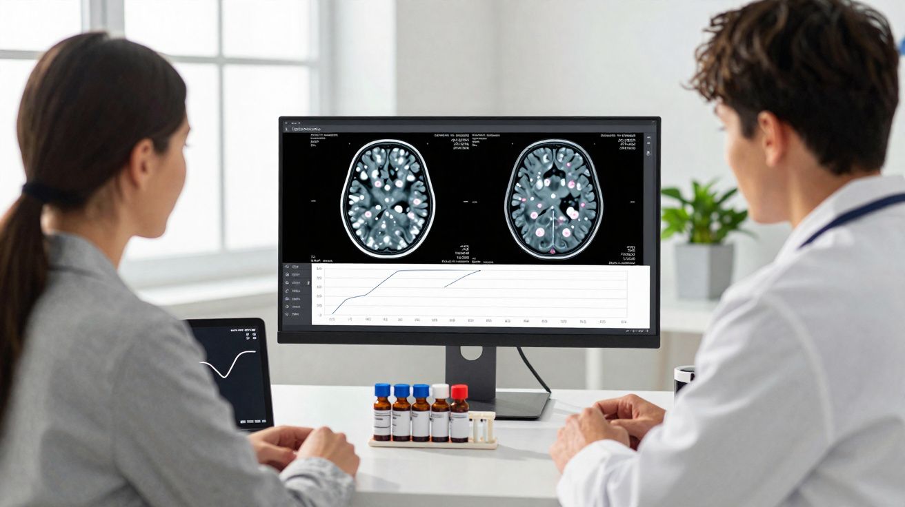 Dois médicos analisam imagens de ressonância magnética do cérebro num ecrã, com frascos de medicamentos na mesa.