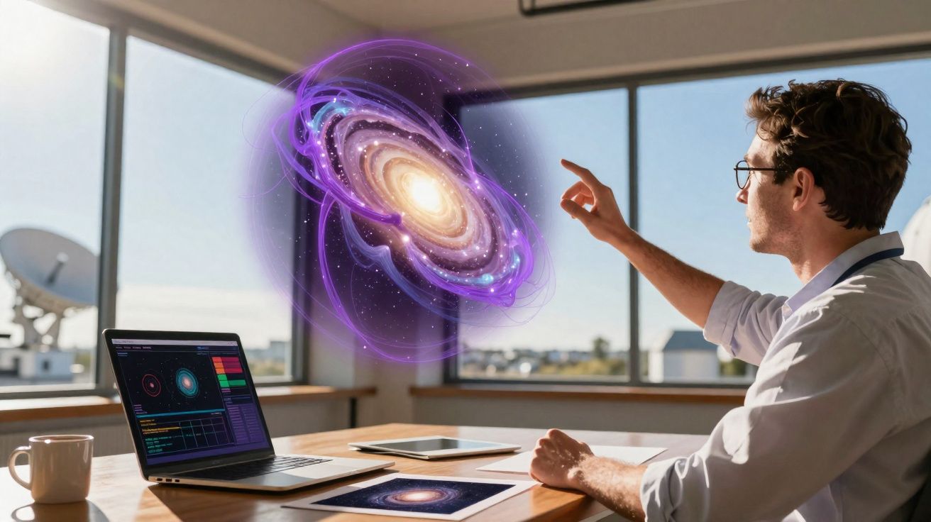 Homem interage com projeção holográfica de galáxia numa sala moderna com computador portátil aberto.