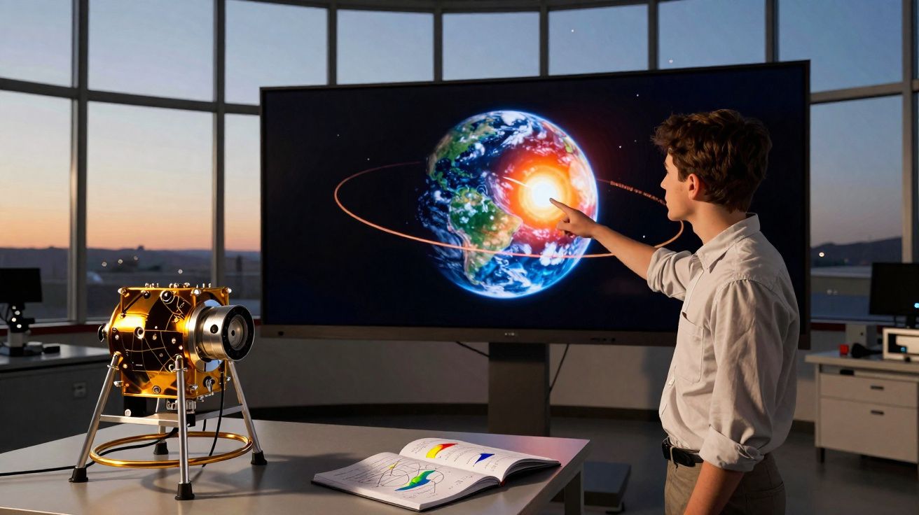 Homem aponta para um ecrã grande com visualização digital da Terra e um anel orbital em laboratório moderno.