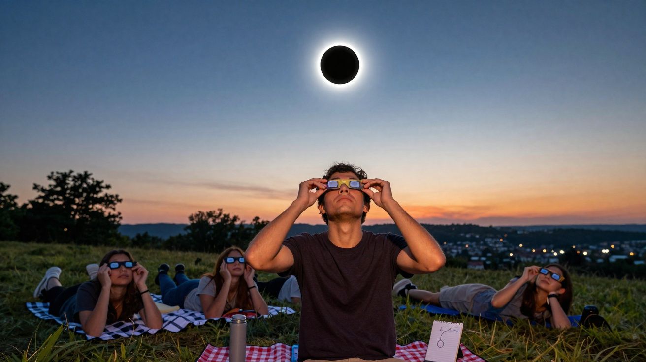 Grupo de pessoas com óculos especiais a observar eclipse solar ao pôr do sol numa área verde.