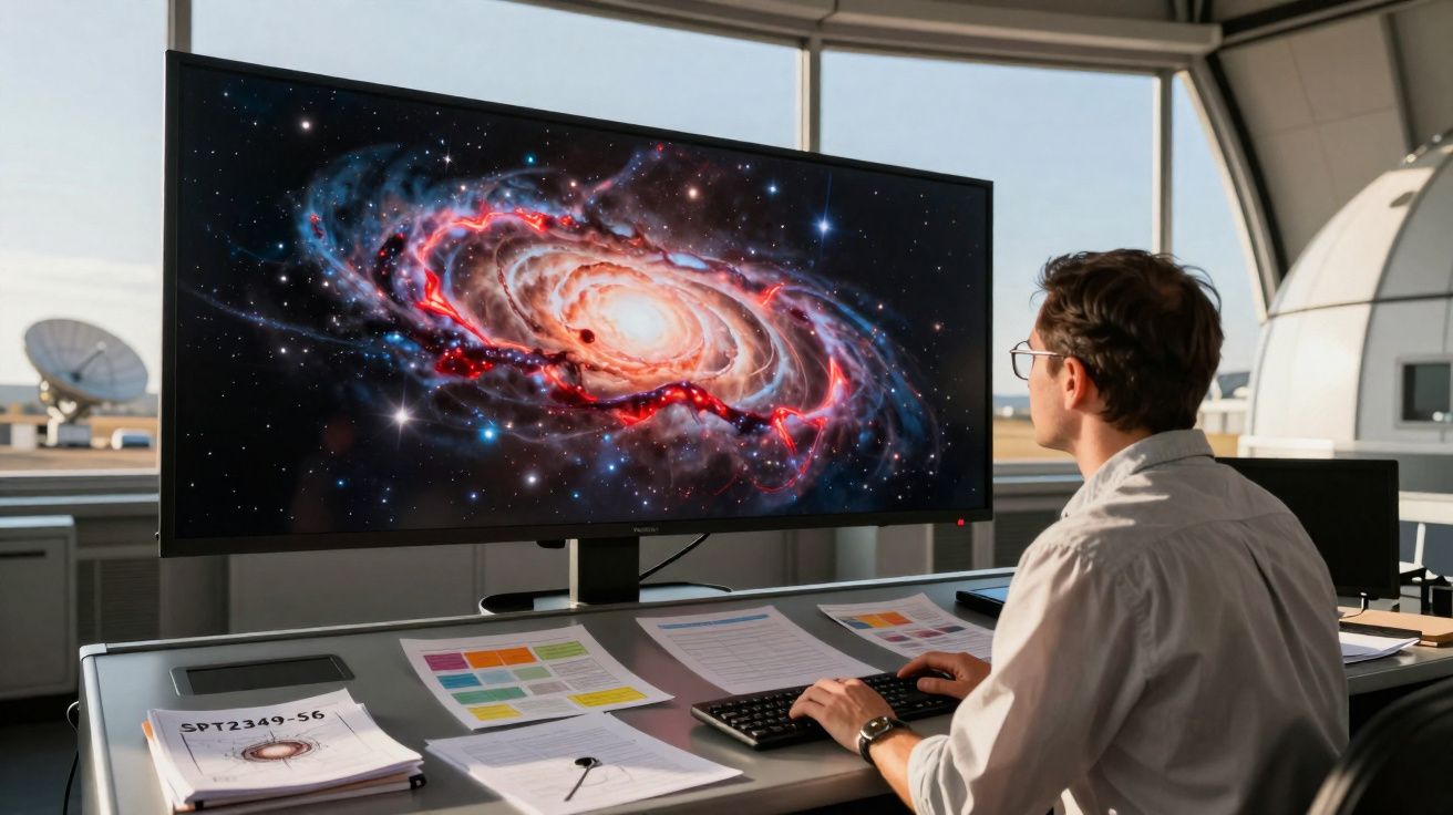 Homem a observar imagem de galáxia numa grande tela num laboratório de astronomia.