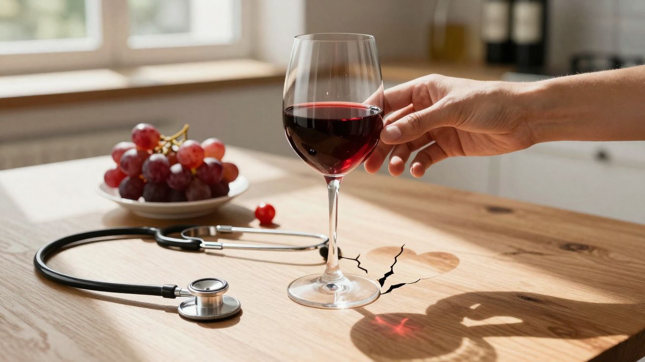 Taça de vinho tinto numa mesa com estetoscópio, cachos de uvas e mão a pegar no copo.