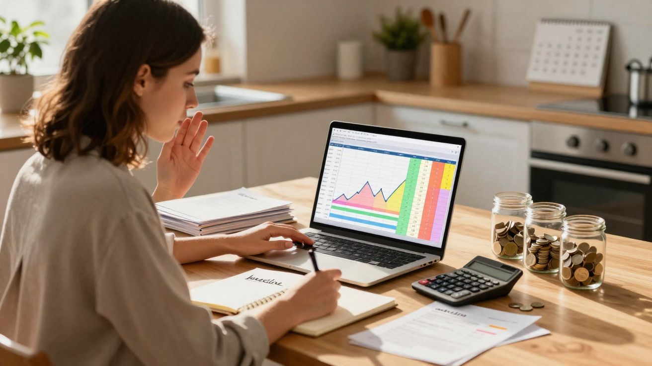 Mulher analisa gráficos financeiros num portátil enquanto escreve e calcula despesas numa cozinha.