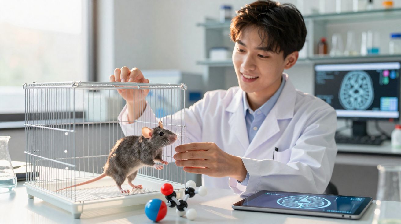Cientista em laboratório a interagir com rato numa gaiola, com modelos moleculares e imagens cerebrais no ecrã.