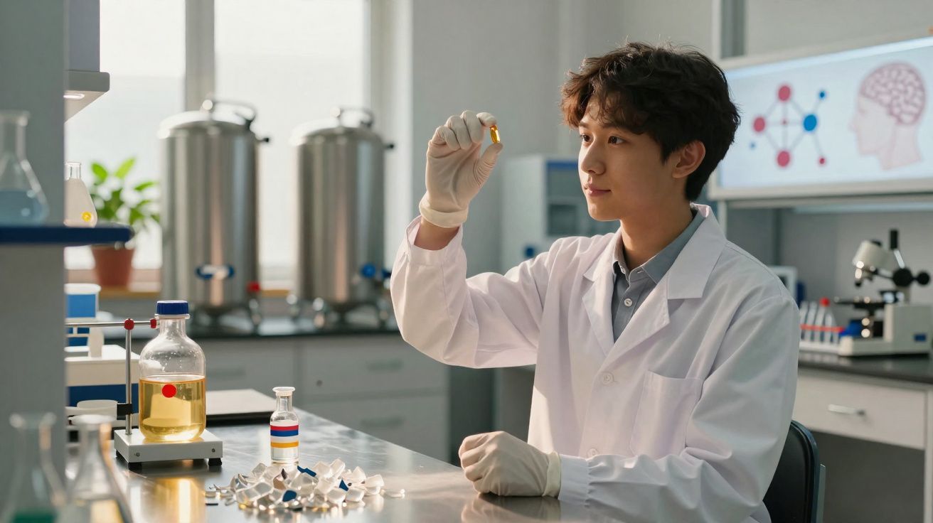 Cientista jovem em bata branca analisa amostra num laboratório com equipamentos e frascos à volta.