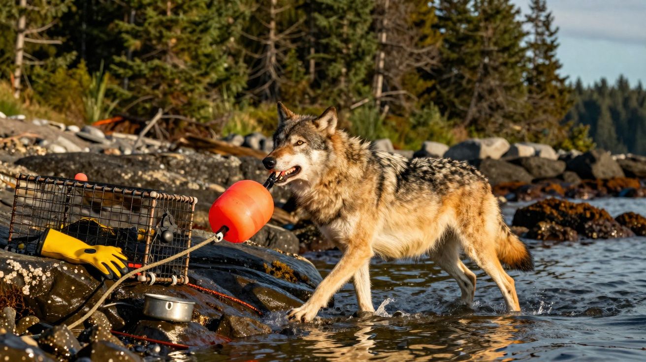 Lobo cinzento a andar na água junto a uma armadilha para caranguejos e uma boia vermelha numa zona rochosa e arborizada.