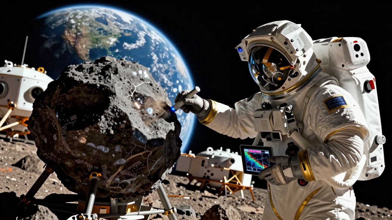 Astronauta em fato espacial a examinar uma rocha lunar com a Terra visível ao fundo no espaço.