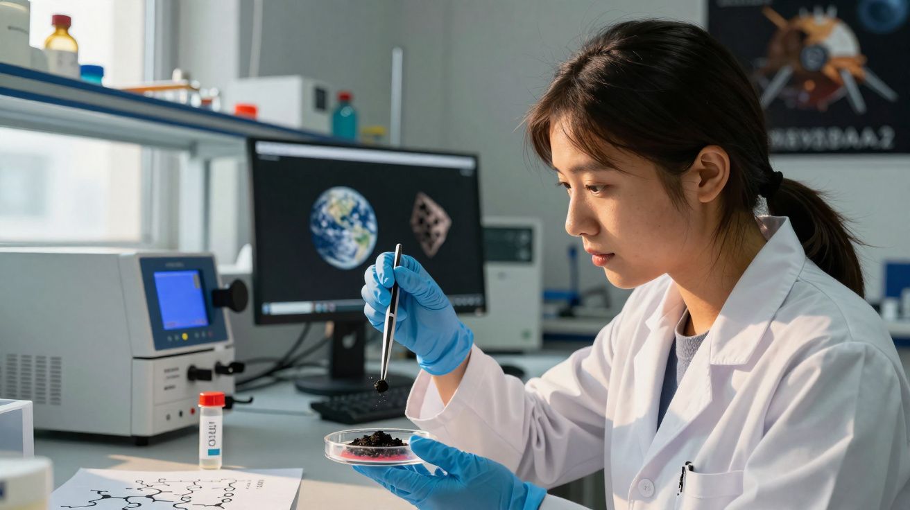 Jovem cientista a analisar amostra em placa de Petri num laboratório moderno com ecrã ao fundo.