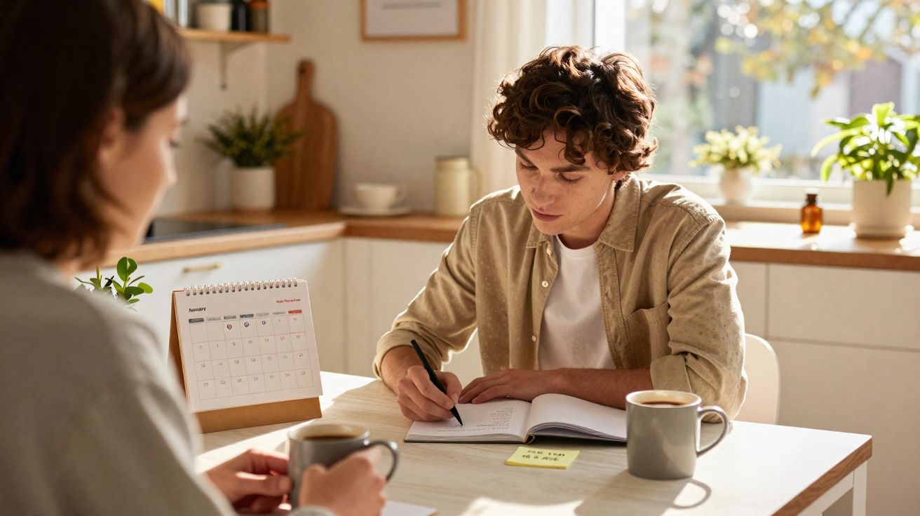 Dois jovens numa cozinha, um escreve num caderno e o outro segura uma caneca, com um calendário na mesa.