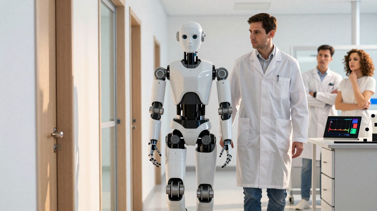 Cientistas em bata branca acompanhando um robô humanóide numa sala de laboratório moderna.