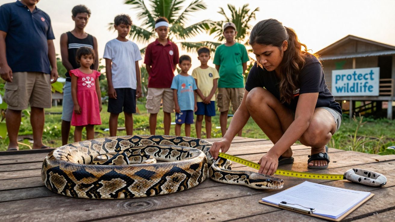 Jovem a medir uma grande píton com uma fita métrica, com várias crianças e adultos a observar ao fundo.