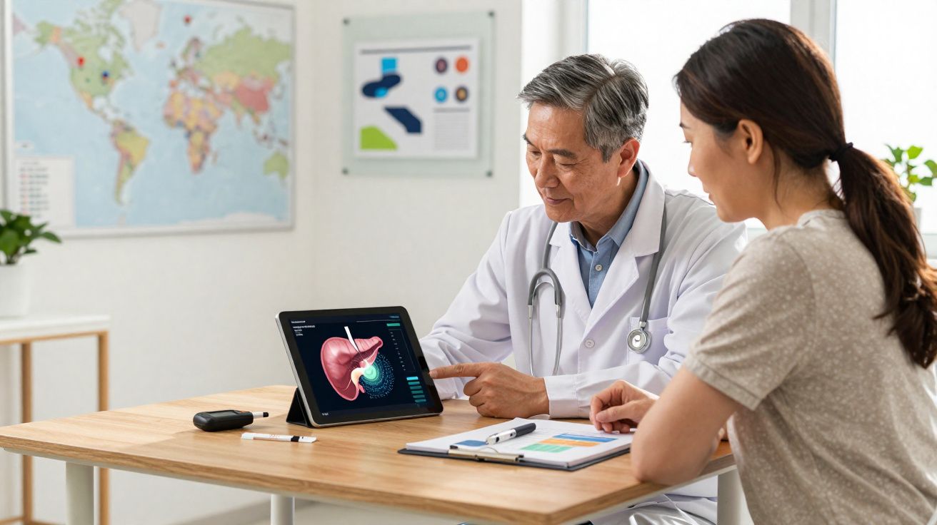 Médico a explicar exame de fígado e pâncreas a paciente numa consulta numa clínica moderna.