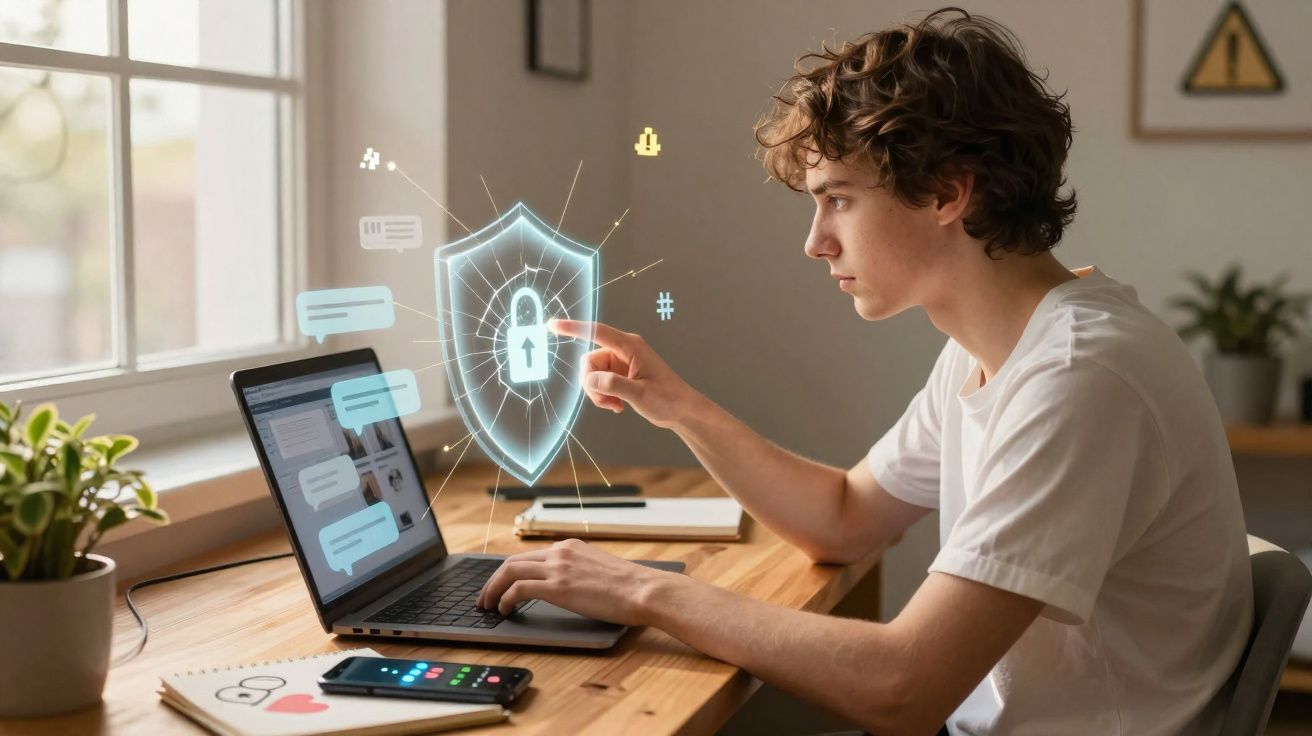 Jovem sentado a usar computador portátil, com símbolo digital de cadeado e segurança cibernética flutuante.