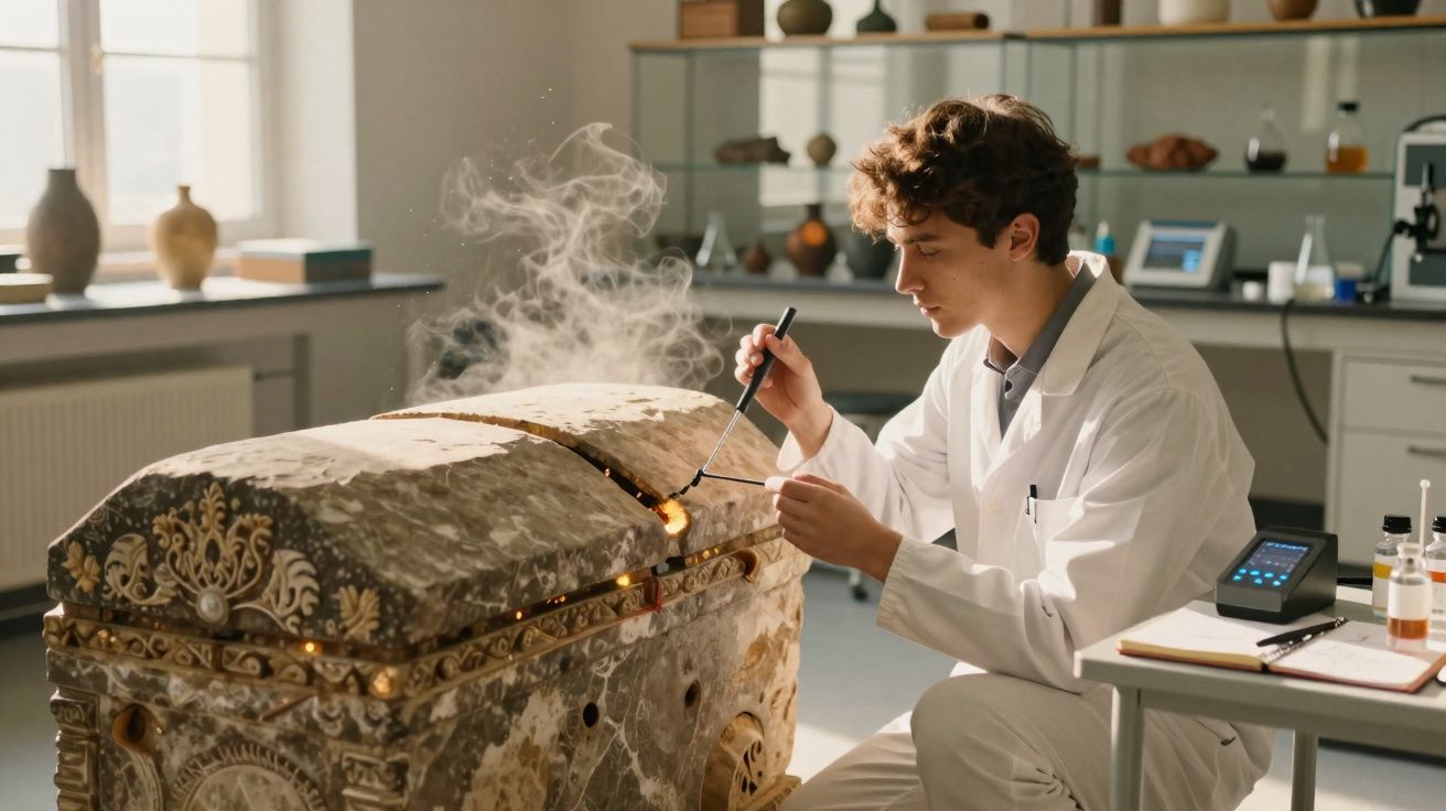 Homem em bata branca a examinar e abrir antigo caixão decorado numa sala iluminada.