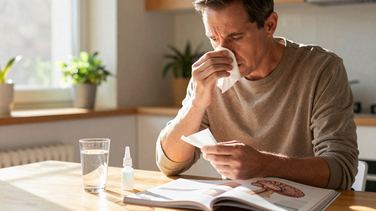 Homem com expressão de mal-estar assoando o nariz com lenço, sentado à mesa com remédios e livro aberto.