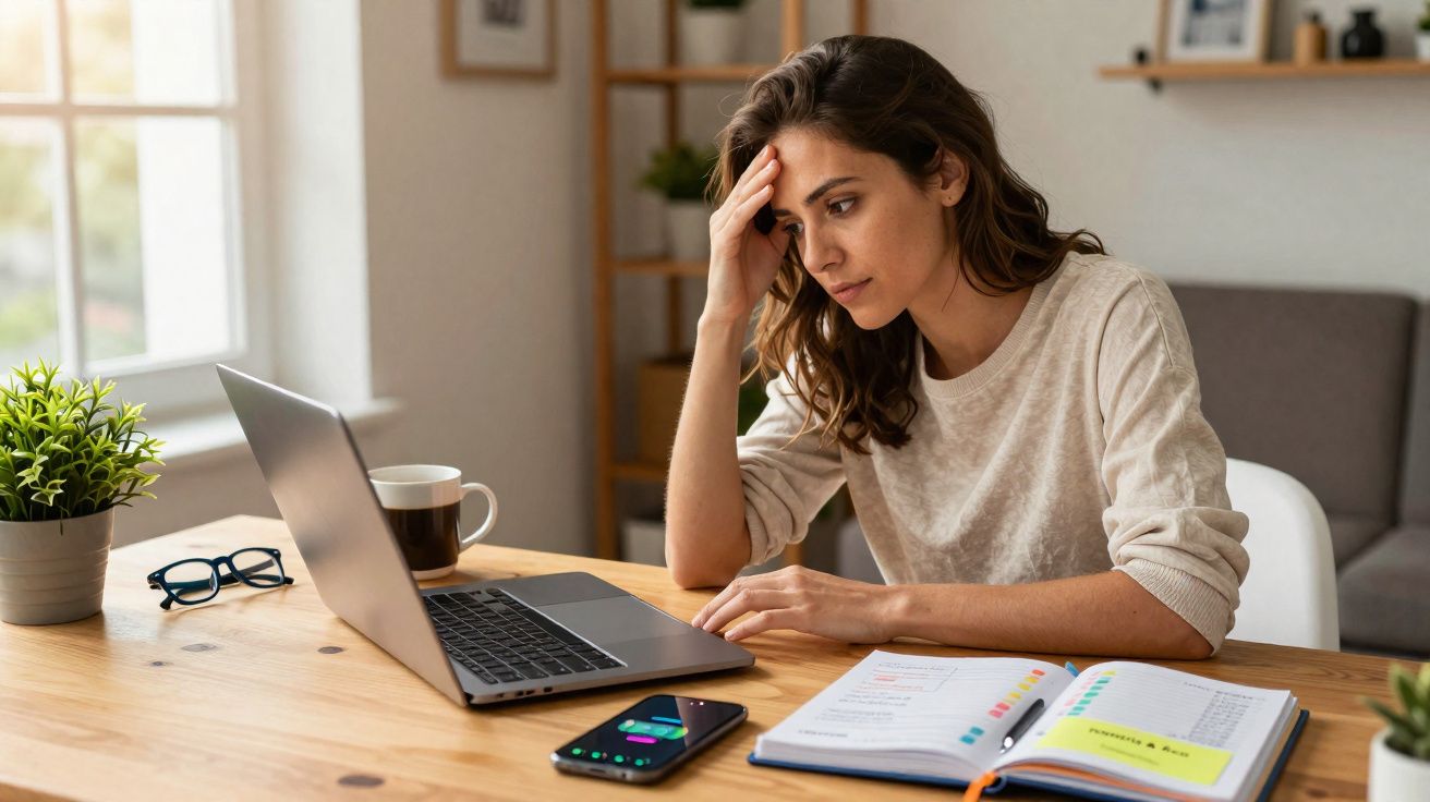 Mulher preocupada a trabalhar num computador portátil numa mesa com livros e um telemóvel.