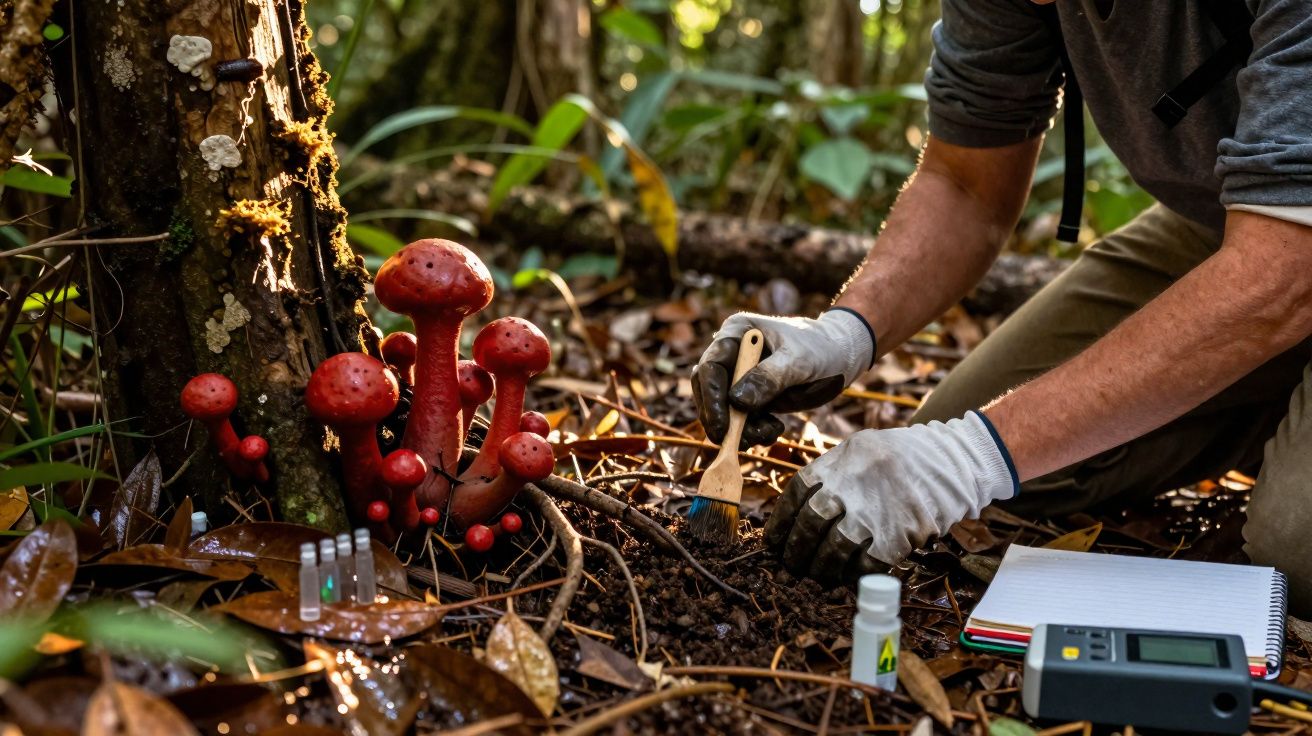 Pessoa com luvas a escavar solo numa floresta próxima de cogumelos vermelhos para estudo científico.