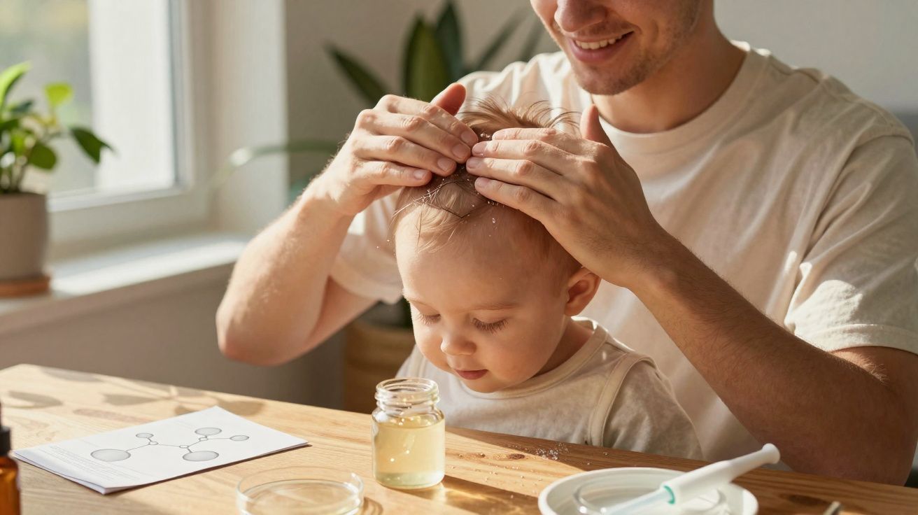 Pai a tratar da cabeça do bebé com óleo enquanto estão sentados à mesa numa sala iluminada.