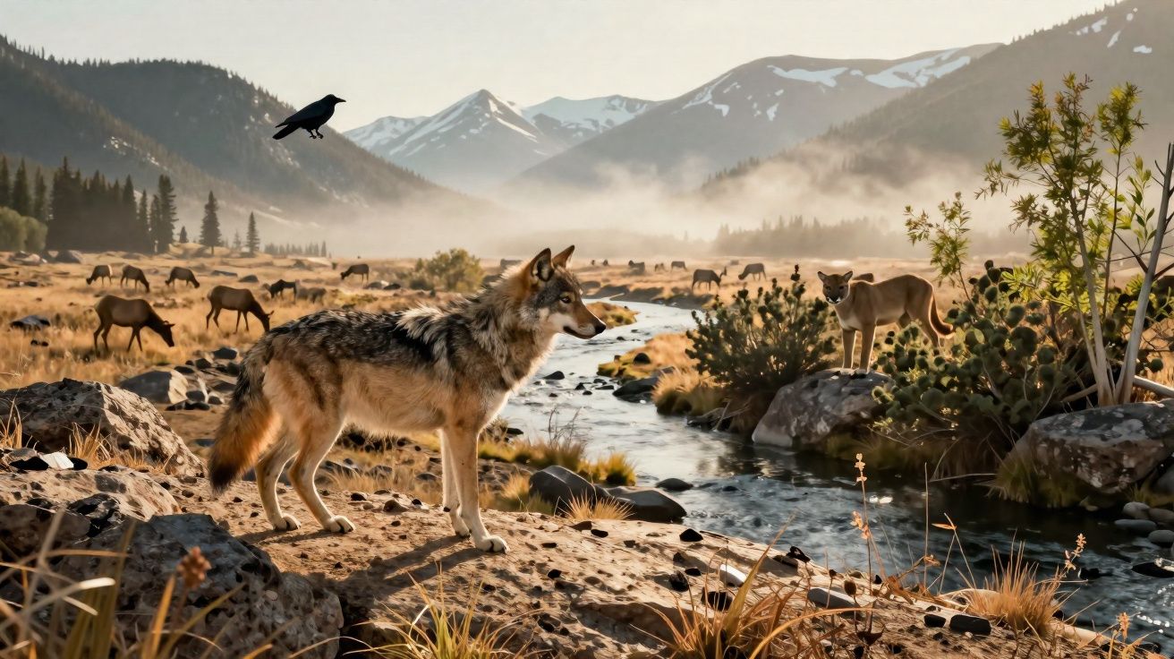 Lobo junto a riacho com veados ao fundo em paisagem montanhosa ao amanhecer.