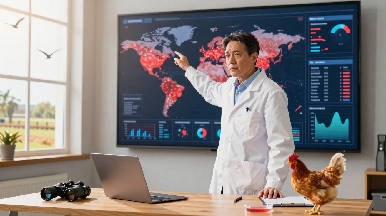 Homem de bata branca aponta para mapa digital de pandemia enquanto está num escritório com computador e uma galinha em cima d