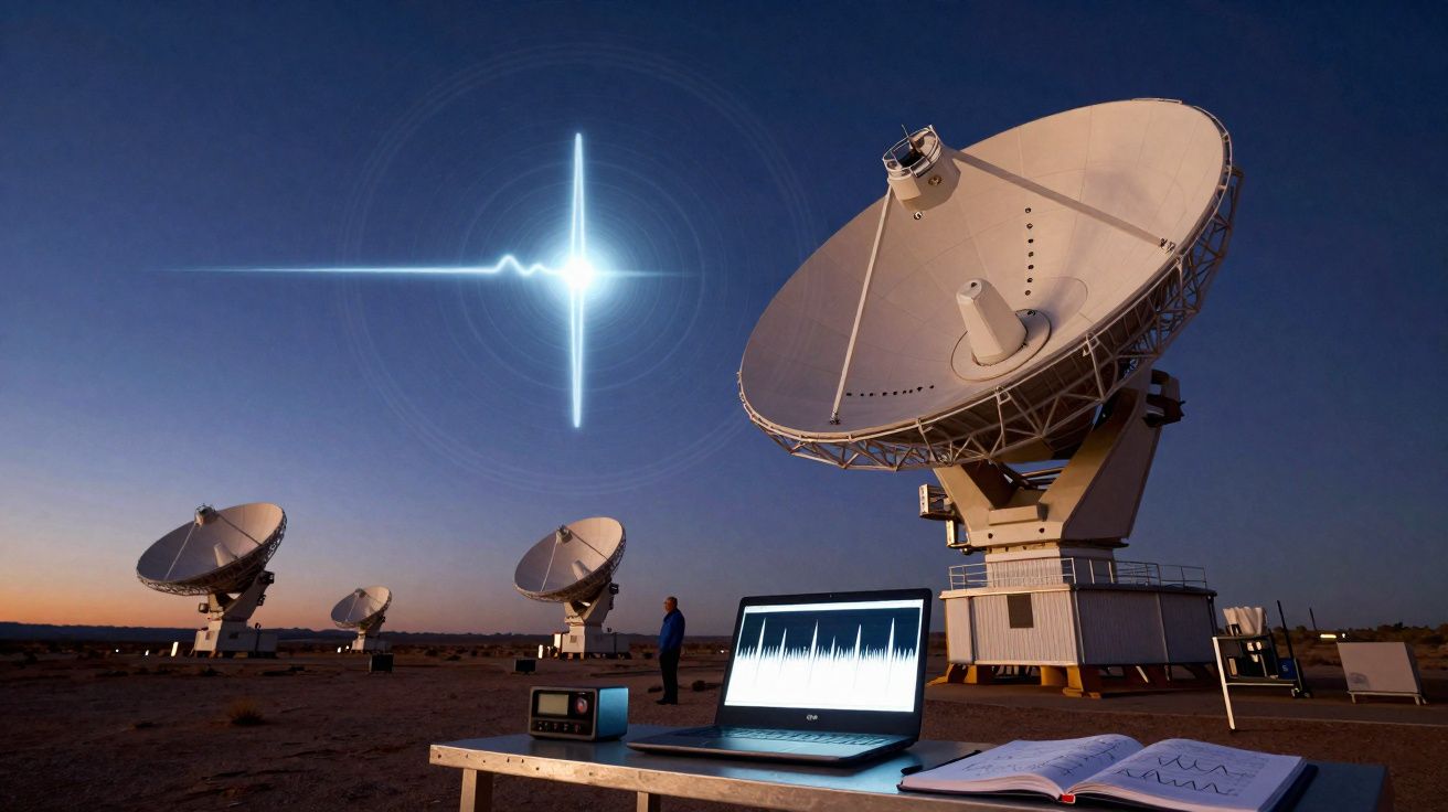 Antena de rádio telescópica em deserto durante o pôr do sol com laptop e gráfico de sinais.