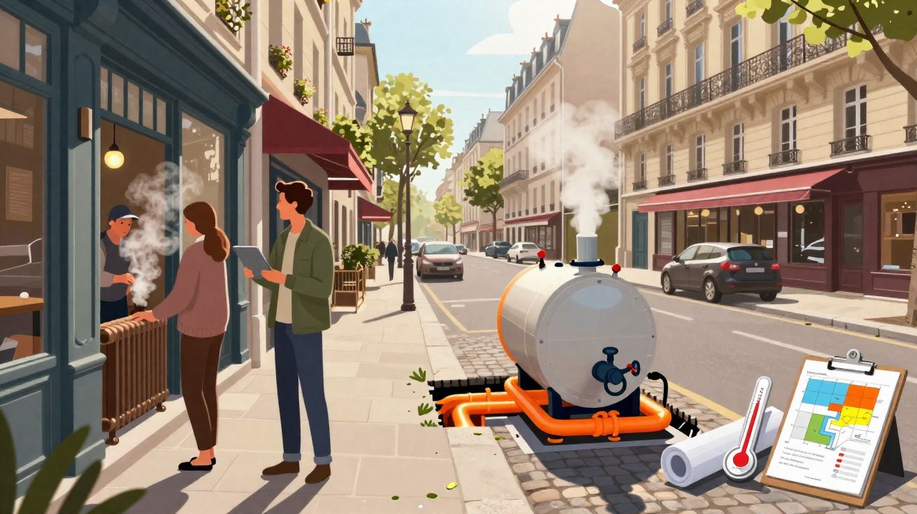 Rua urbana com sistema de aquecimento central montado na calçada e pessoas junto a edifícios comerciais.