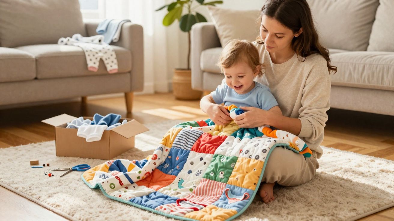Mulher e criança sentadas no chão a brincar com manta colorida numa sala iluminada e acolhedora.