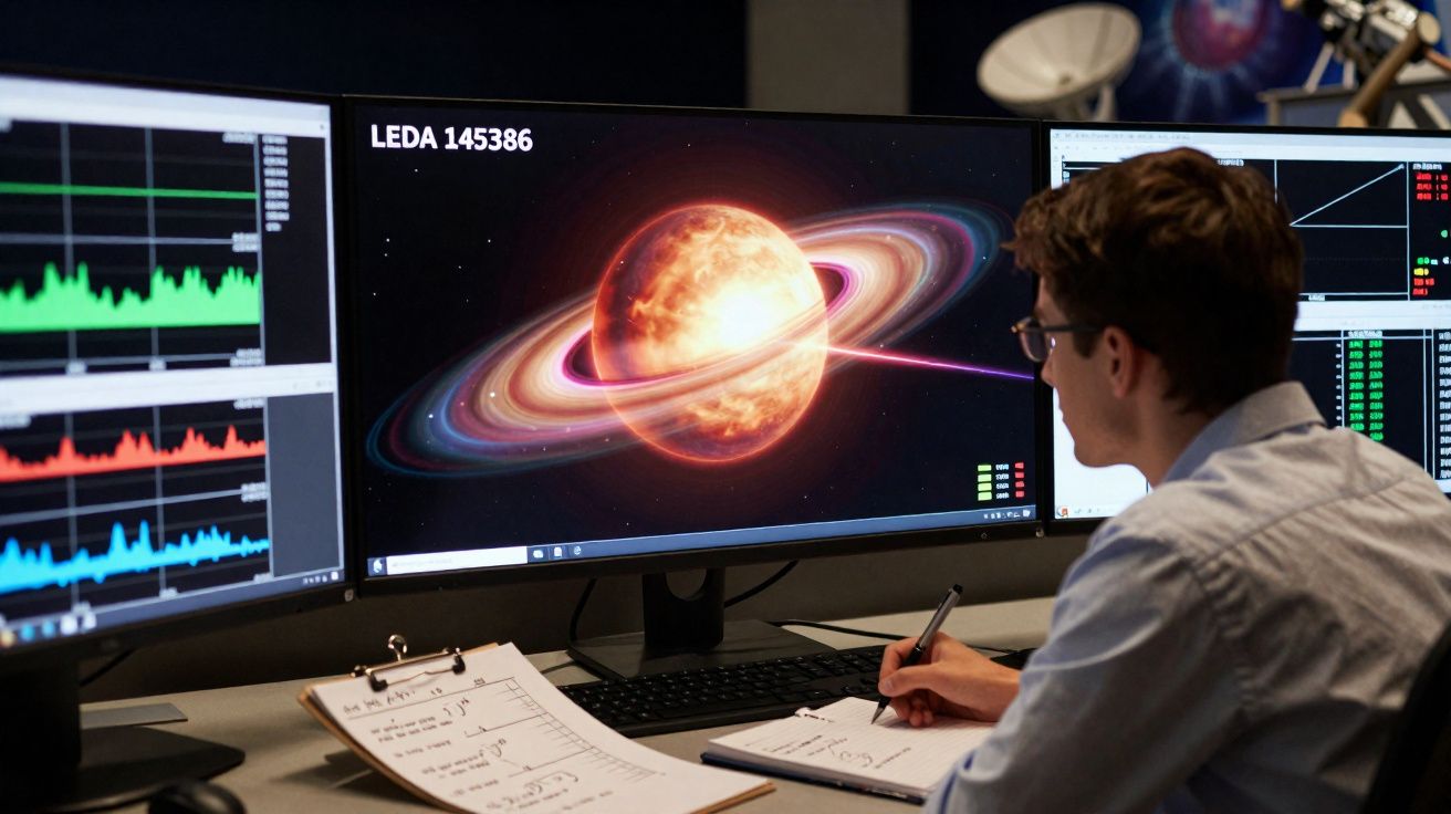 Homem a analisar e anotar dados numa sala de controlo com ecrãs mostram planeta e gráficos científicos.