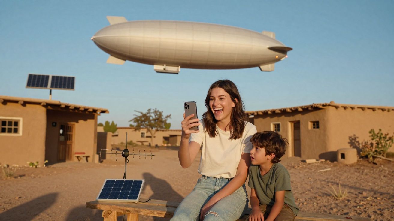 Jovem mulher e menino sentados fora com painéis solares e dirigível a voar no céu ao fundo.