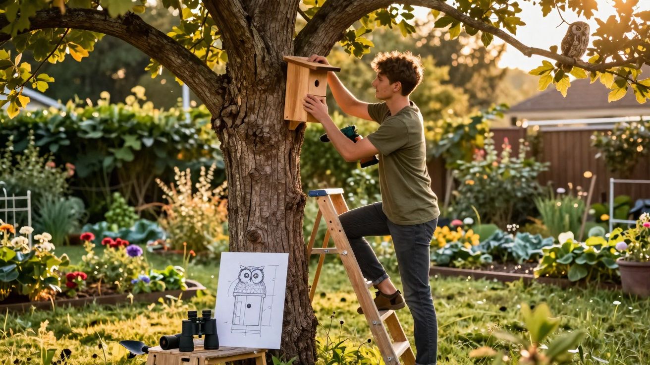 Jovem coloca casa para corujas numa árvore num jardim florido ao entardecer.