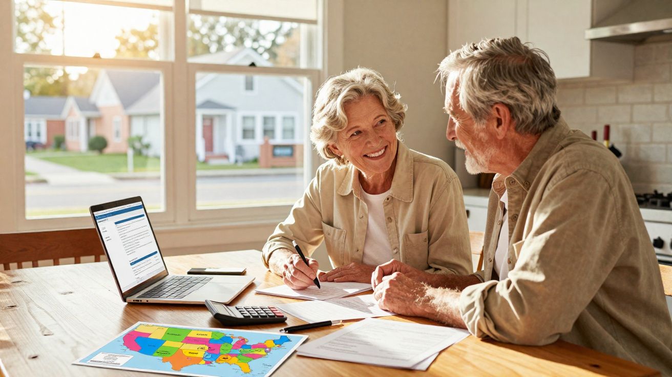 Casal sénior a verificar documentos e usar computador e calculadora numa mesa com mapa dos EUA iluminada pela luz natural.