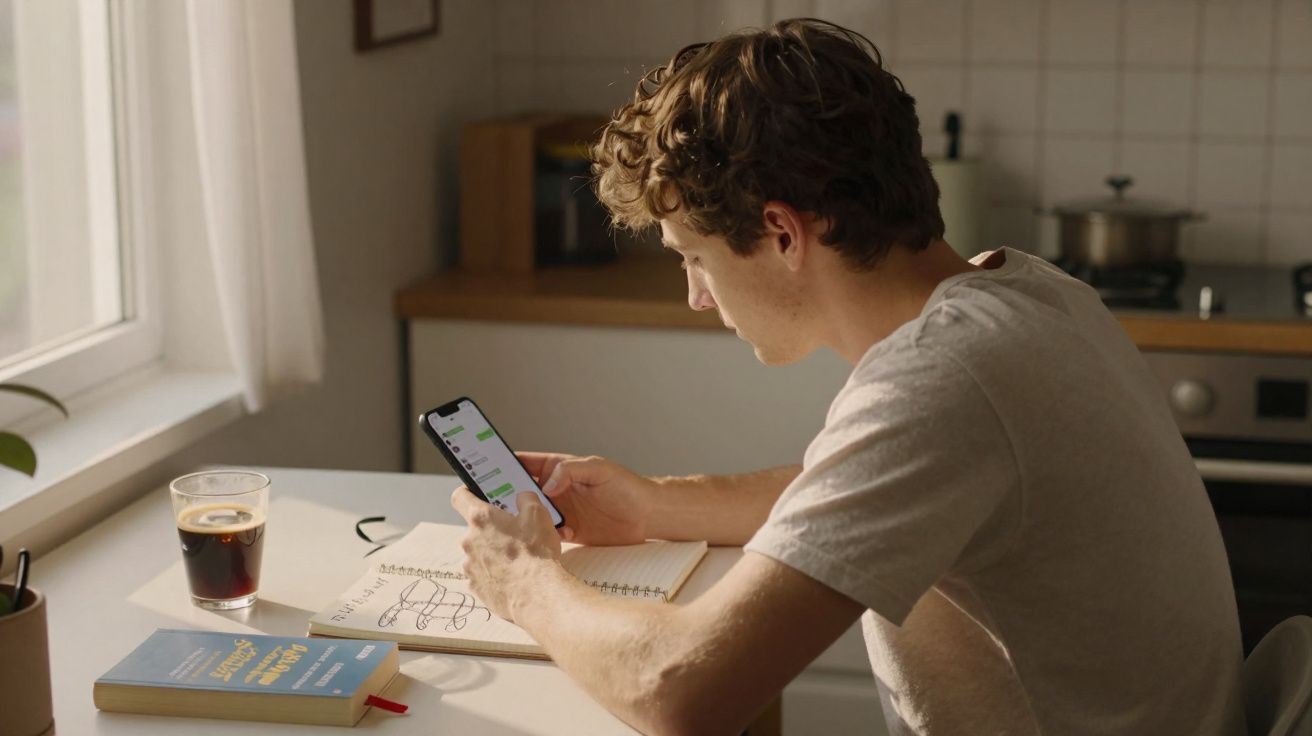 Jovem sentado a uma mesa a usar o telemóvel, com livro, caderno e café numa cozinha iluminada.