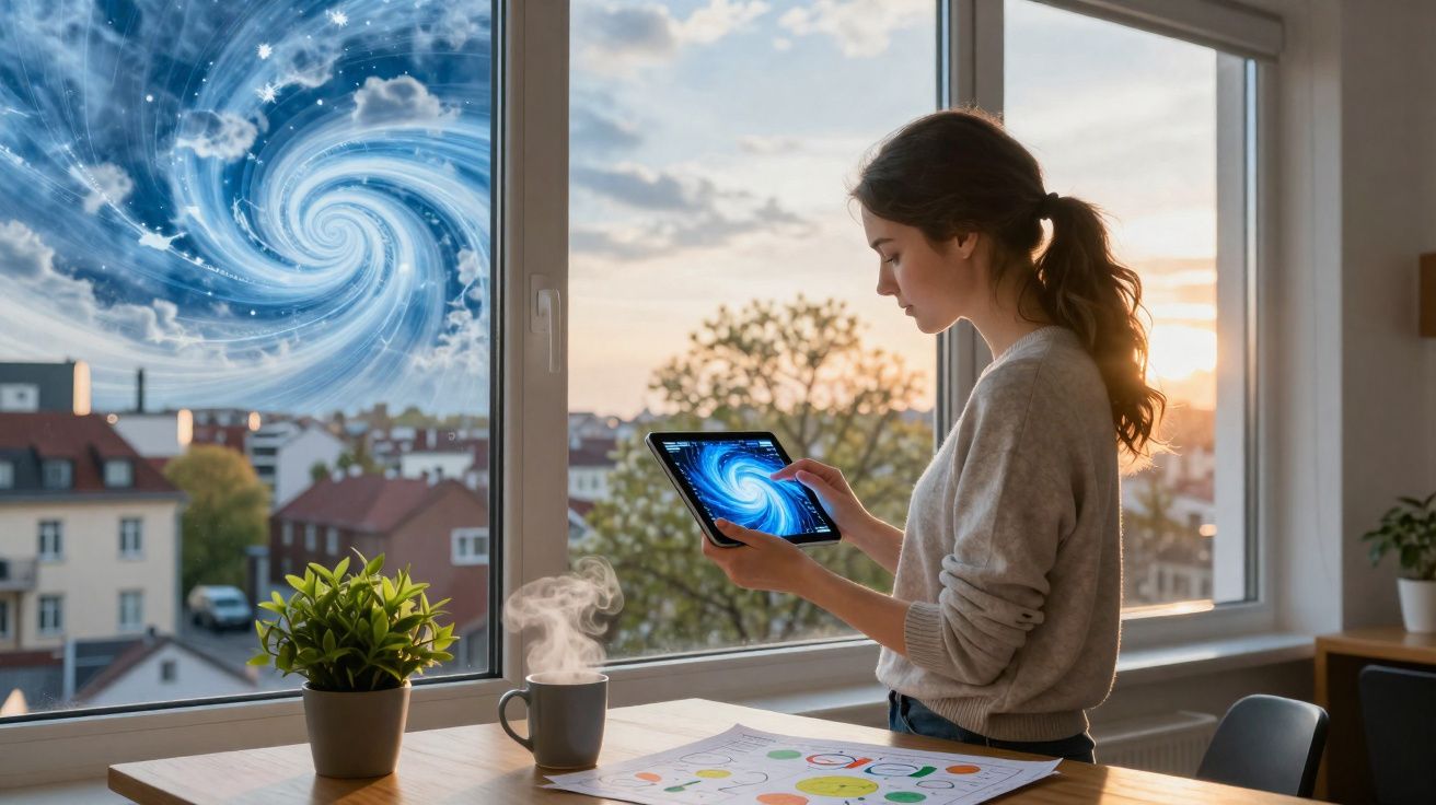 Mulher em pé junto à janela a usar tablet com imagem de espiral azul, com chá quente e plantas na mesa.