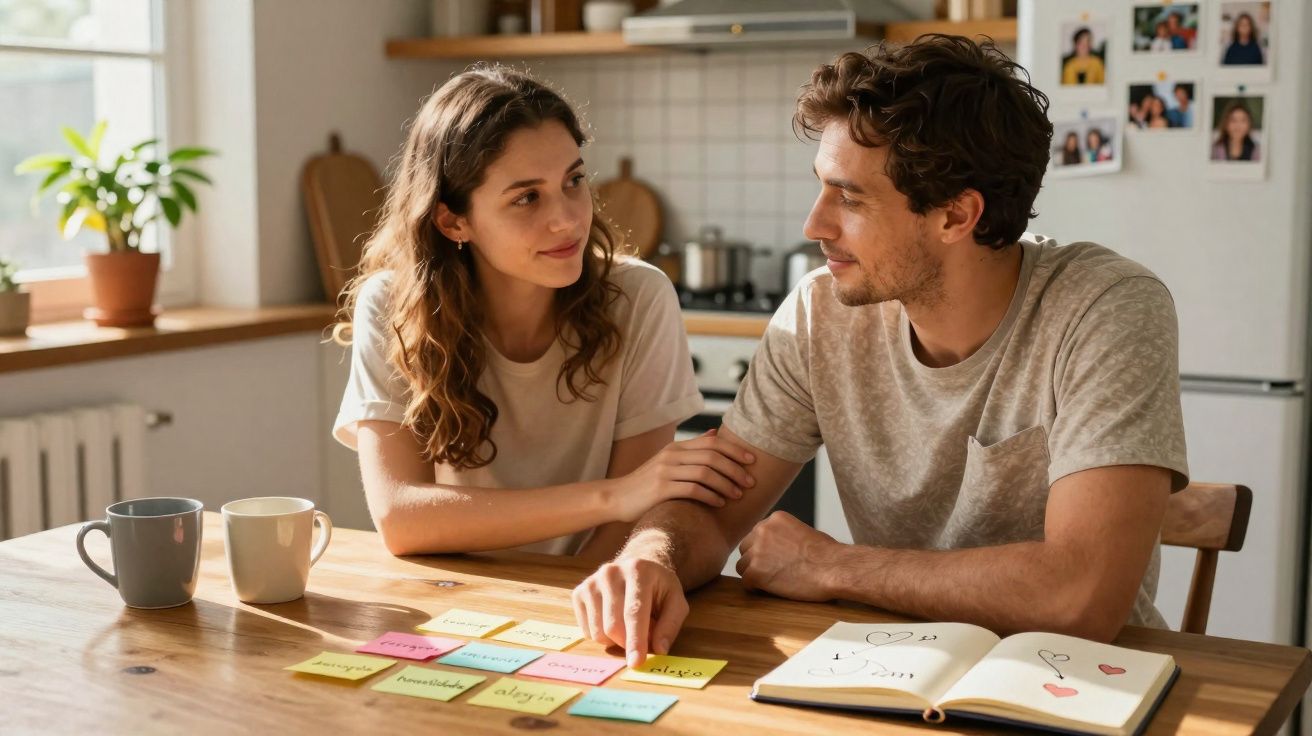 Casal sentado à mesa a organizar notas coloridas e a conversar numa cozinha luminosa.