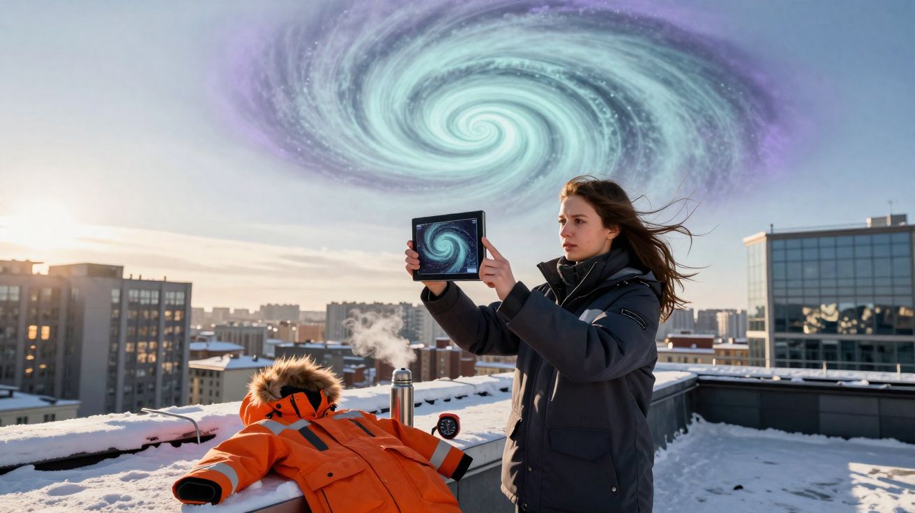 Mulher segura tablet com imagem de espiral enquanto observa redemoinho no céu, em telhado nevado da cidade.