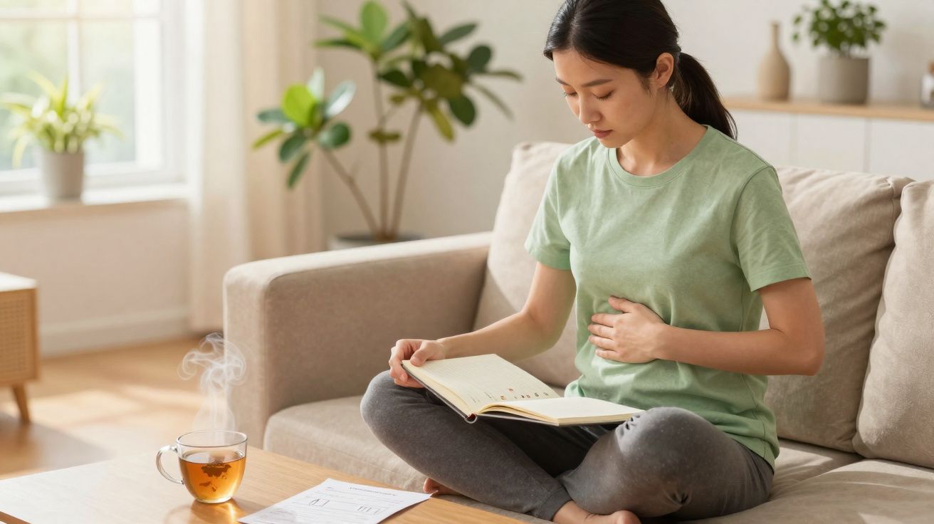 Mulher sentada no sofá, lendo um livro e segurando a barriga, com chá quente numa mesa.