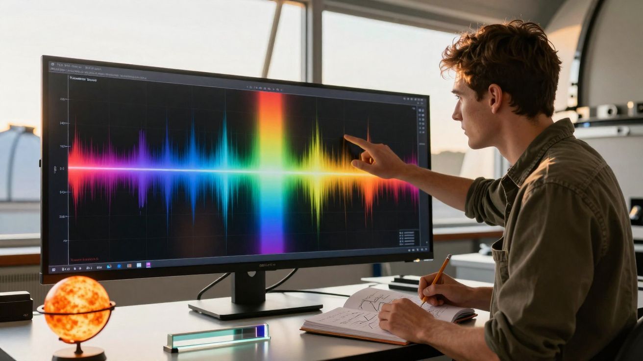 Jovem analisa gráfico colorido de ondas sonoras num ecrã largo, sentado à secretária com caderno e lápis.