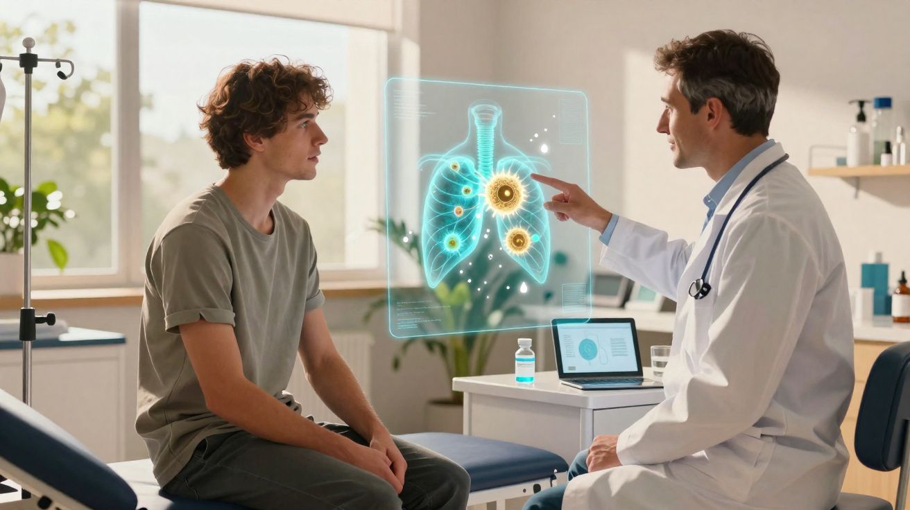 Médico consulta jovem paciente explicando problema pulmonar com imagem digital 3D projetada entre eles.