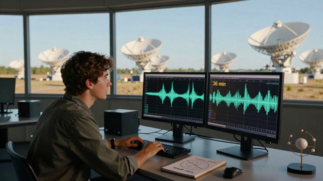 Jovem trabalha com ondas sonoras em dois ecrãs, com antenas parabólicas visíveis através da janela atrás dele.