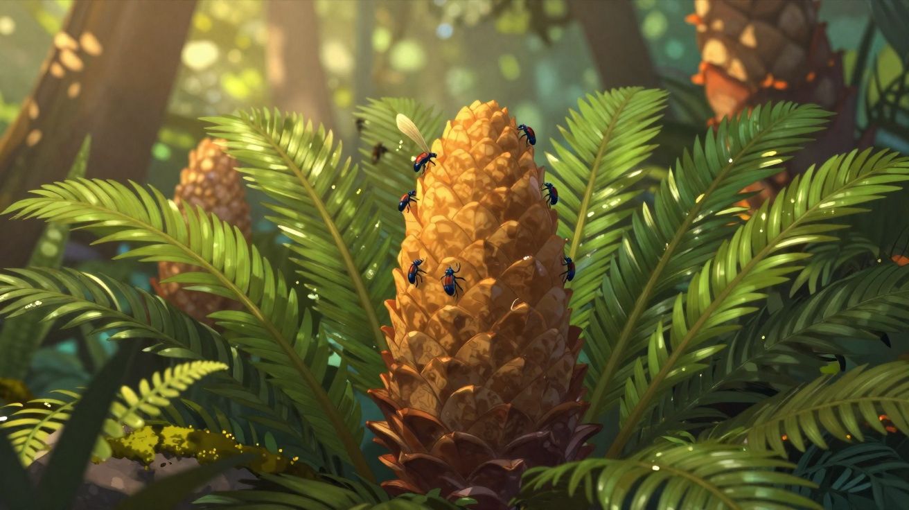 Tronco de pinheiro com formigas pretas e vermelhas rodeado por folhas verdes numa floresta iluminada.